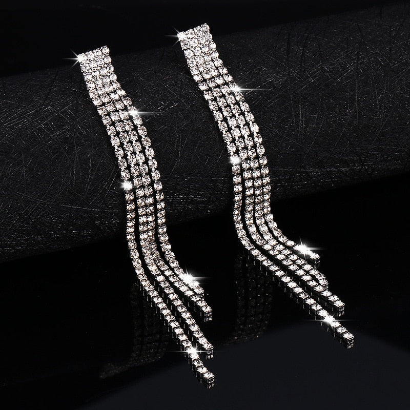 Rhinestone Crystal Long Tassel Wedding Earrings