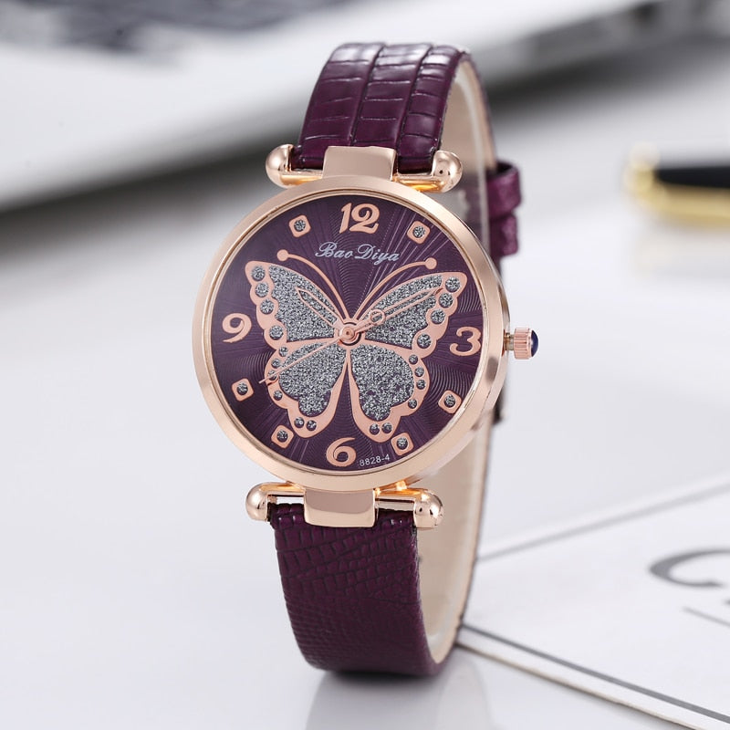 Rosa Rhinestone Leather Strap Butterfly Wristwatch