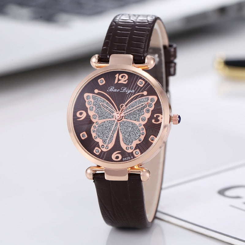 Rosa Rhinestone Leather Strap Butterfly Wristwatch