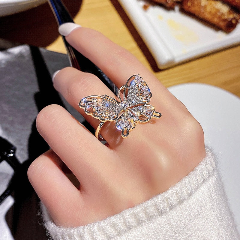 Cocktail Copper Inlaid Zircon Butterfly Ring
