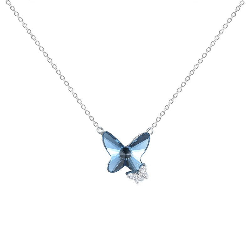 Valentine 925 Sterling Silver Blue Crystal Butterfly Necklace