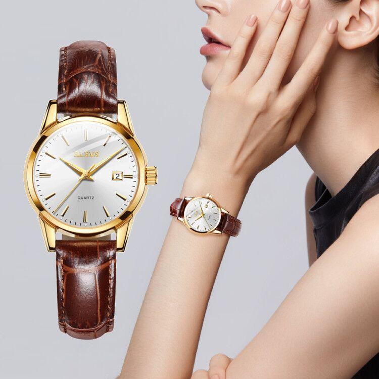 OLEVS Womens Watches Top Brand Fashion casual Luxury Dress Genuine Brown Leather Waterproof Wristwatch for Lady 5566 - Kirijewels.com