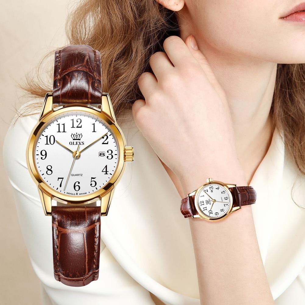 OLEVS Womens Watches Top Brand Fashion casual Luxury Dress Genuine Brown Leather Waterproof Wristwatch for Lady 5566 - Kirijewels.com