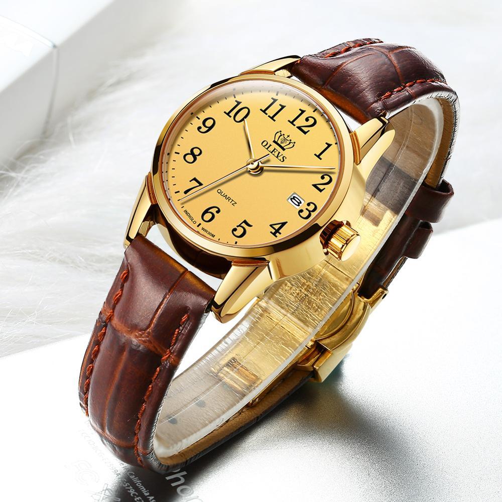 OLEVS Womens Watches Top Brand Fashion casual Luxury Dress Genuine Brown Leather Waterproof Wristwatch for Lady 5566 - Kirijewels.com