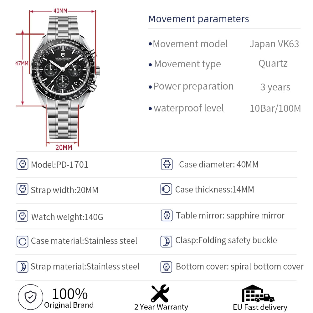 Automatic Date Speed Chronograph Sapphire Mirror Wristwatch