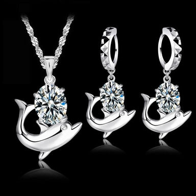 Austrian Crystal 925 Sterling Silver Dolphin Jewelry Set-Jewelry Sets-Kirijewels.com-silver-Kirijewels.com