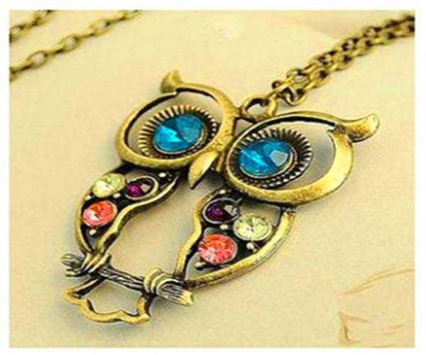 Free Ancient Bronze Big Eyes Owl Necklace-Chain Necklaces-Kirijewels.com-Blue Eyes Hollow-Kirijewels.com