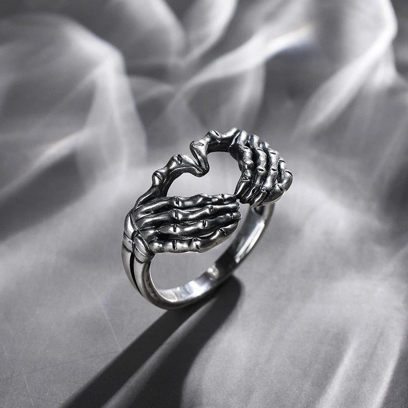 Stainless Steel Retro Skull Hand With Heart Ring