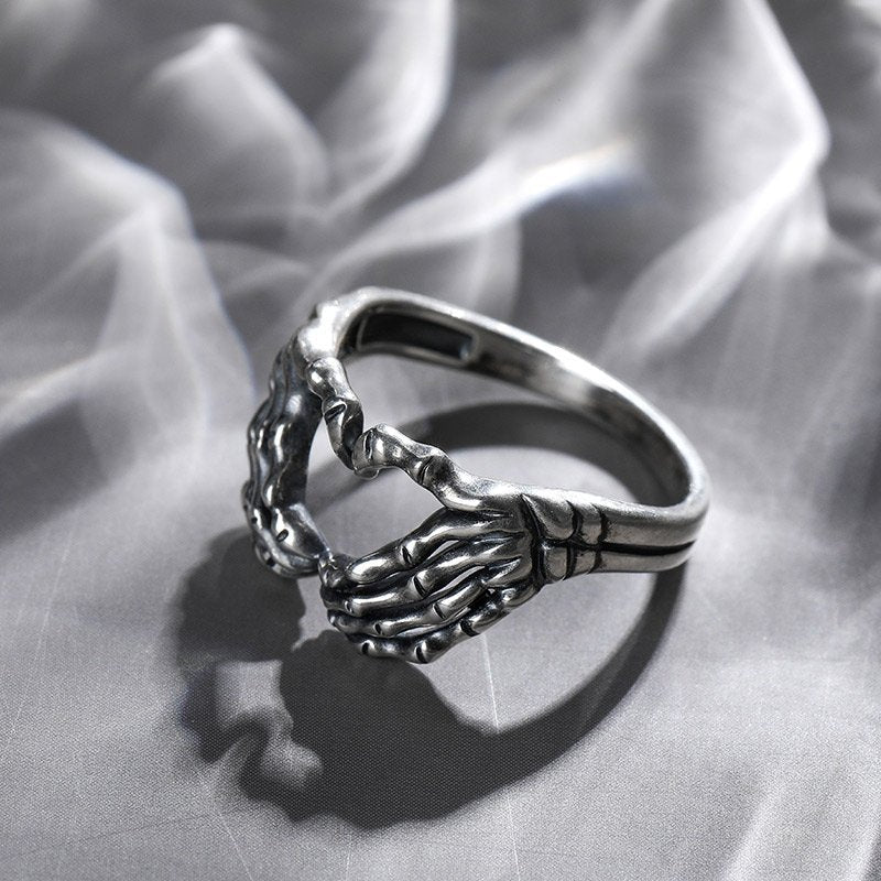 Stainless Steel Retro Skull Hand With Heart Ring