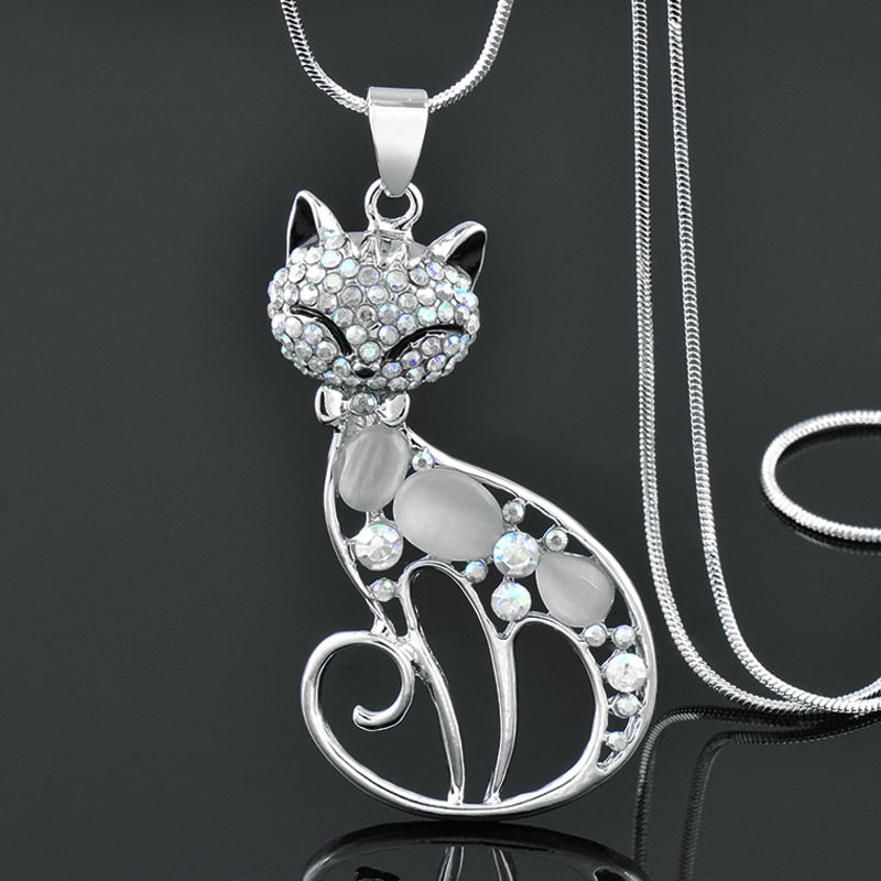 Cubic Zirconia Opal Stone Cat Necklace