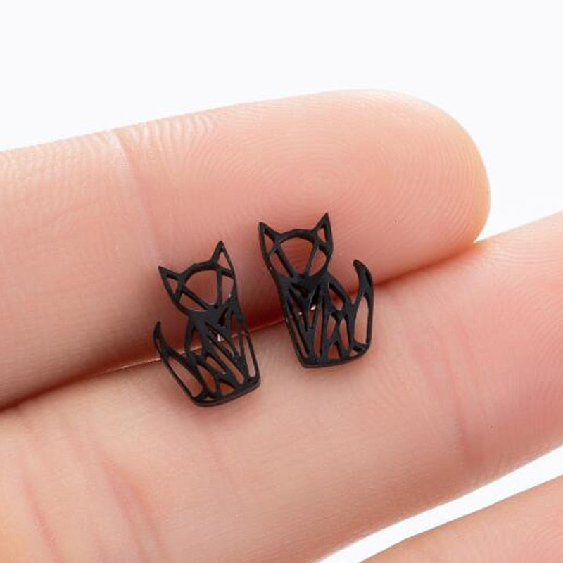 Hollow Stainless Steel Origami Cat Stud Earrings