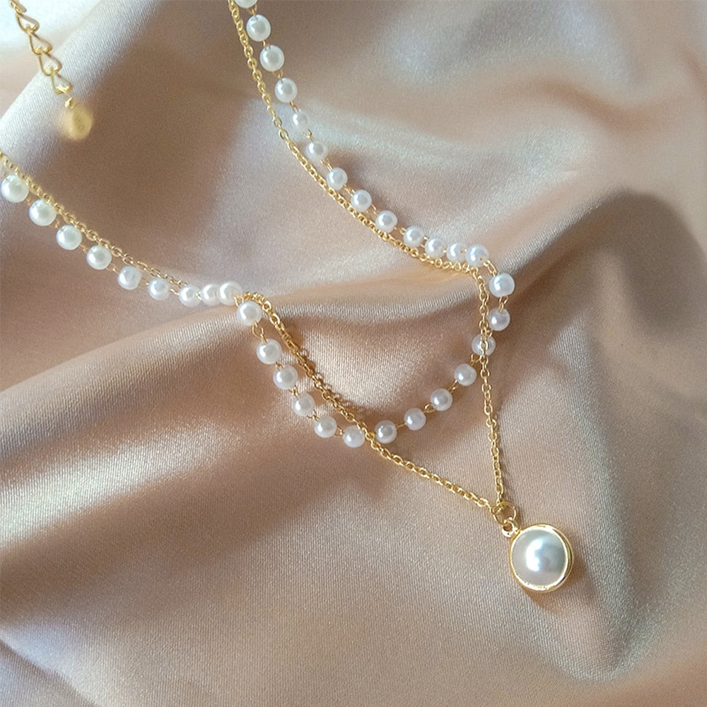 Amy Double Layer Chain Pearl Choker Necklace