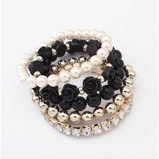 Free Crystal Beads Flower Charm Bracelet-Chain & Link Bracelets-Kirijewels.com-Black & White-Kirijewels.com