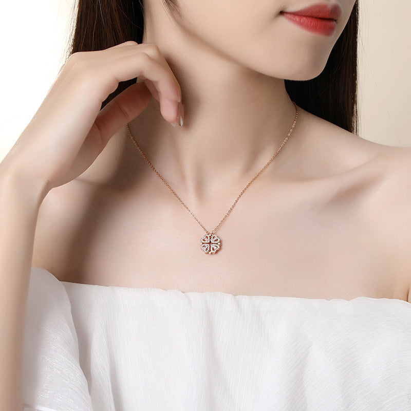 Buy Love Four Magnetic Heart Four Leaf Clover Necklace 4 in 1 Wearing 2  Sides Diamond Love Pendant, Hearts Clover Necklace Lucky 2023 Trend Online  in India - Etsy