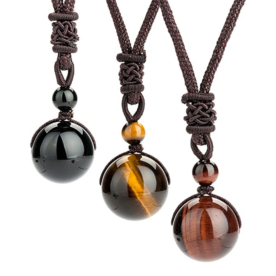 Tiger Eye Round Obsidian Rope Chain Necklace