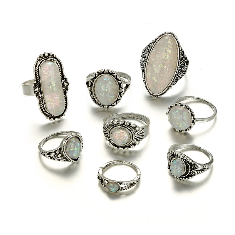 Antique Silver Bohemian Crystal Stone Opal Ring Set