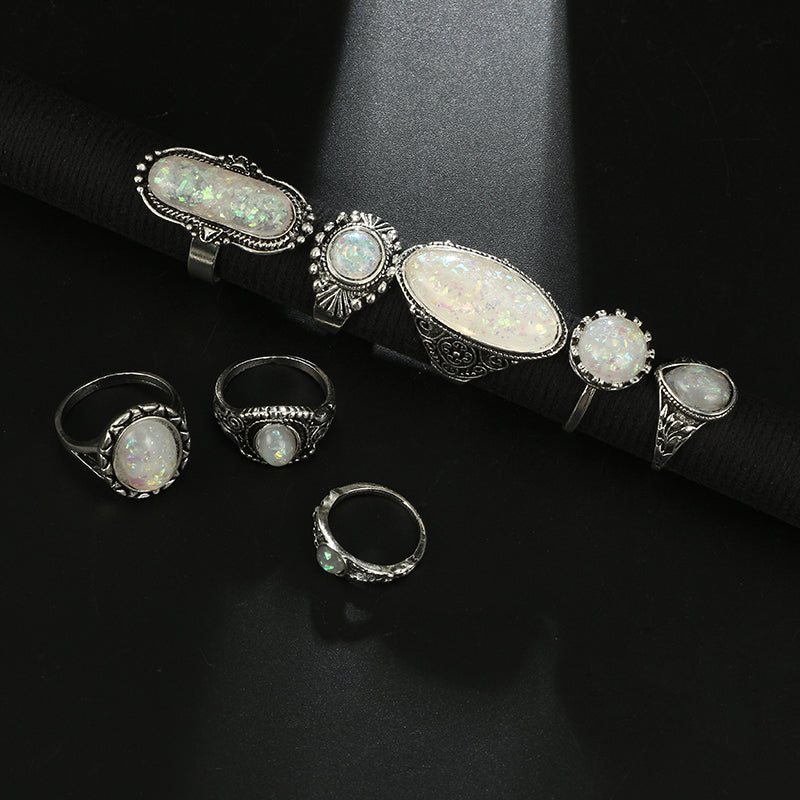 Vintage Antique Silver Opal Crystal Stone Carved Ring Set
