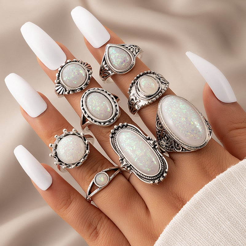 Antique Silver Bohemian Crystal Stone Opal Ring Set