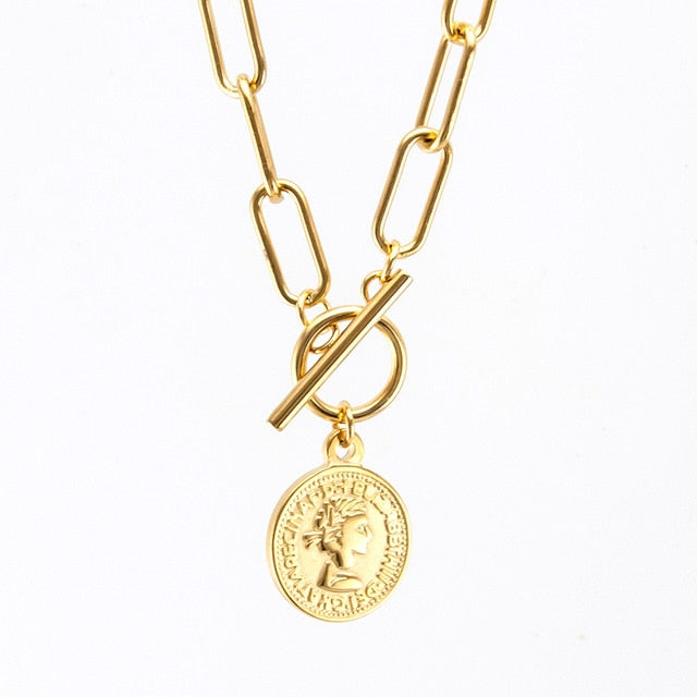 Medallion Carved Coin Stainless Steel Necklace