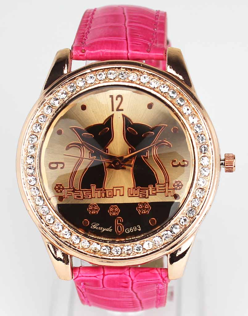 Crystal Leather Band Two Cats Wrist Watch
