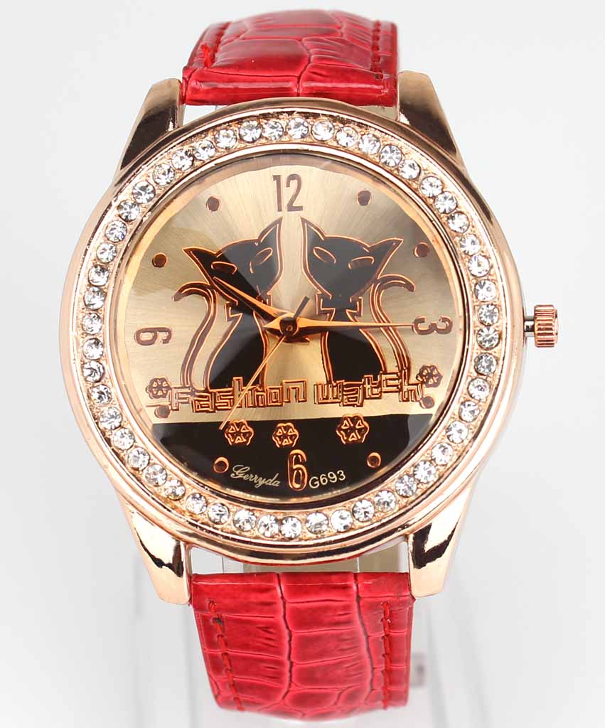 Anna Crystal Leather Band Two Cats Wrist Watch