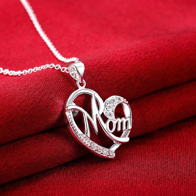Love Mom Silver Plated Letters Heart Necklace - Kirijewels.com