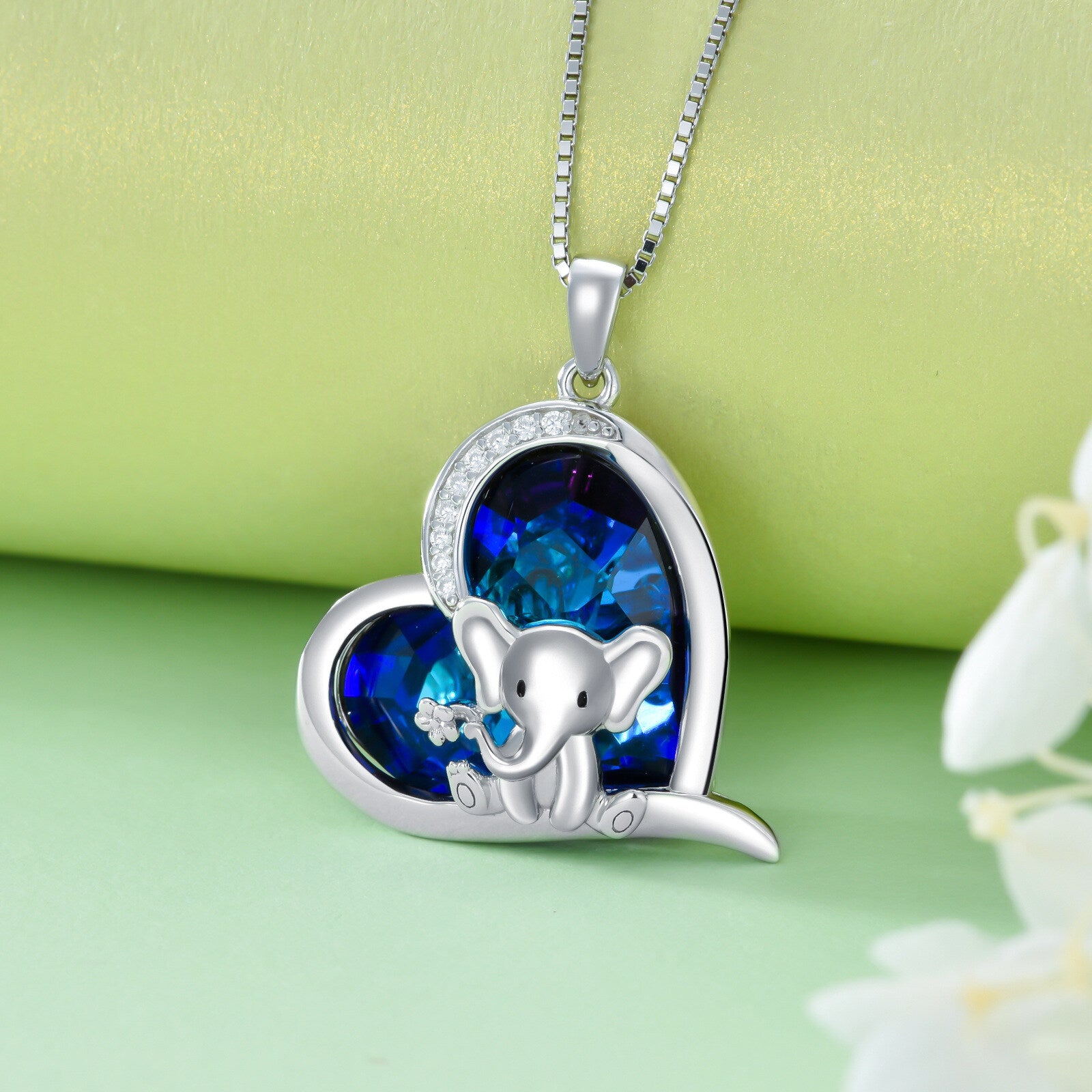Crystal Heart 925 Sterling Silver Elephant Necklace