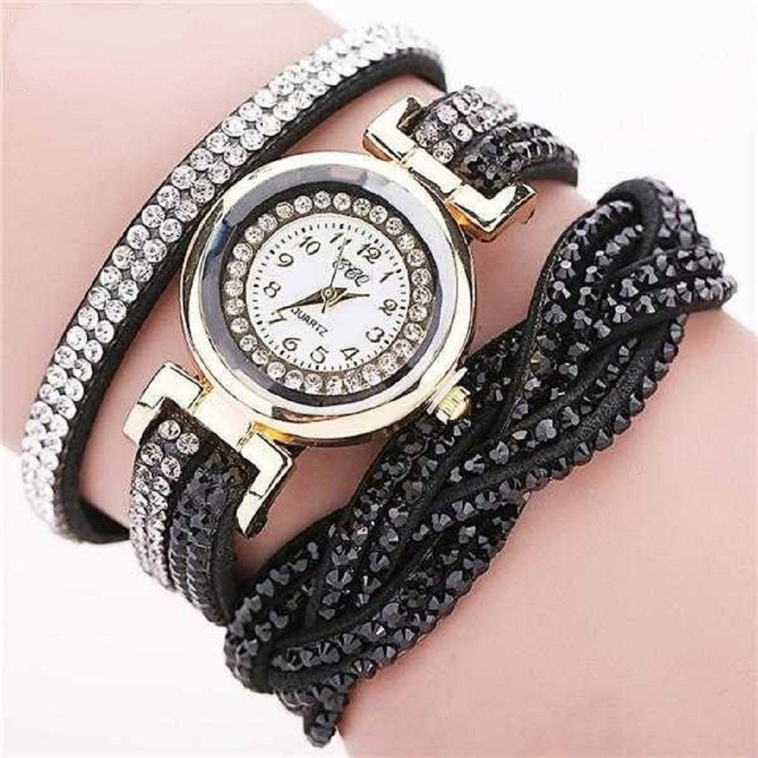 Rhinestone Braided Leather Bracelet Watch