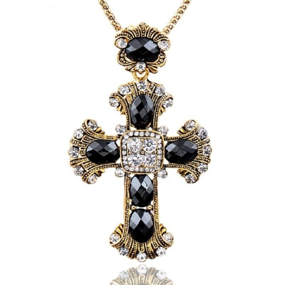 Black Stones Cross Chain Necklace