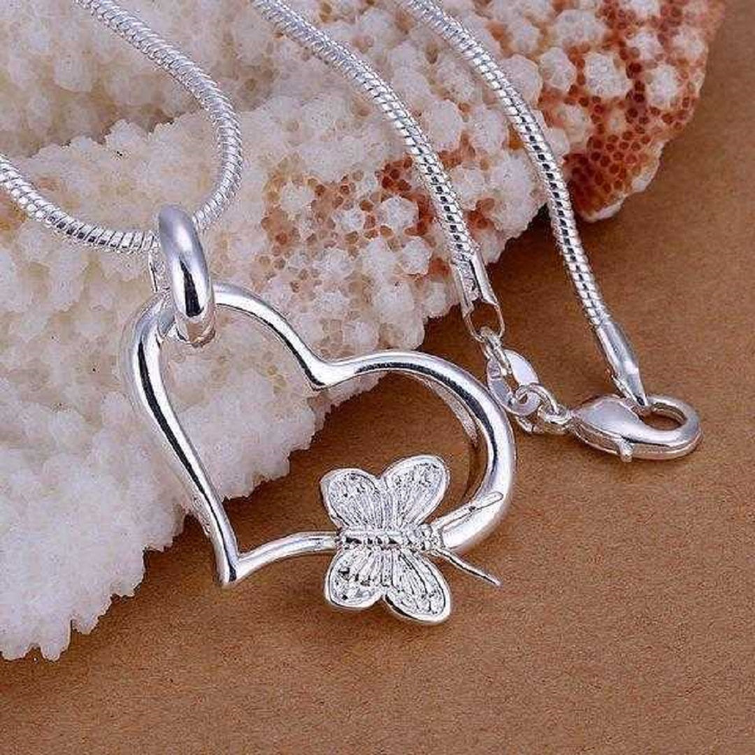 Sterling Silver Butterfly Heart Chain Necklace