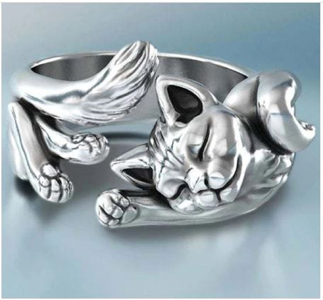 Blue Eyes Silver Plated Open Cat Ring