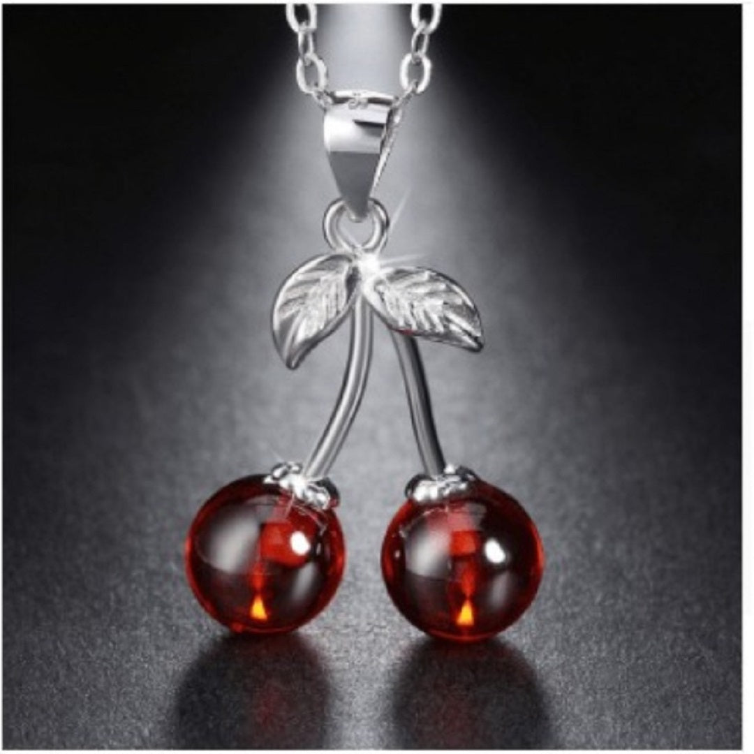 Sterling Silver Natural Stone Red Cherry Necklace