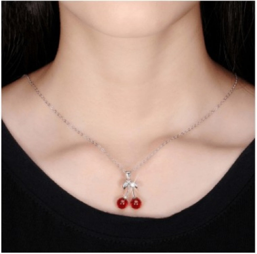 Sterling Silver Natural Stone Red Cherry Necklace