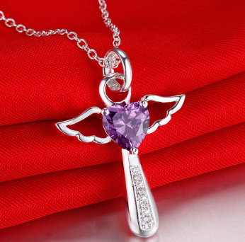 Cross Angel Heart Wings Necklace-Necklace-Kirijewels.com-silver plated Purple-Kirijewels.com