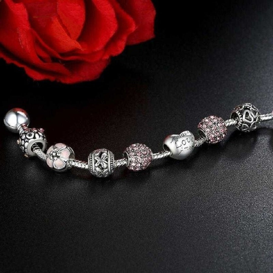 Crystal & Sterling Silver Charm Heart Bracelet