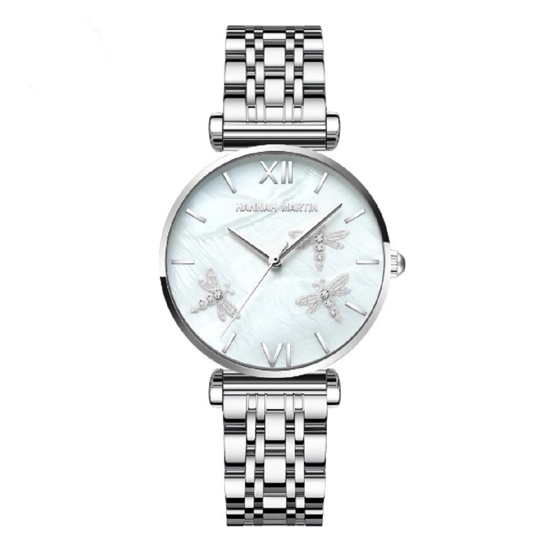 Diamond Stainless Steel Pearl Shell Dragonfly Watch