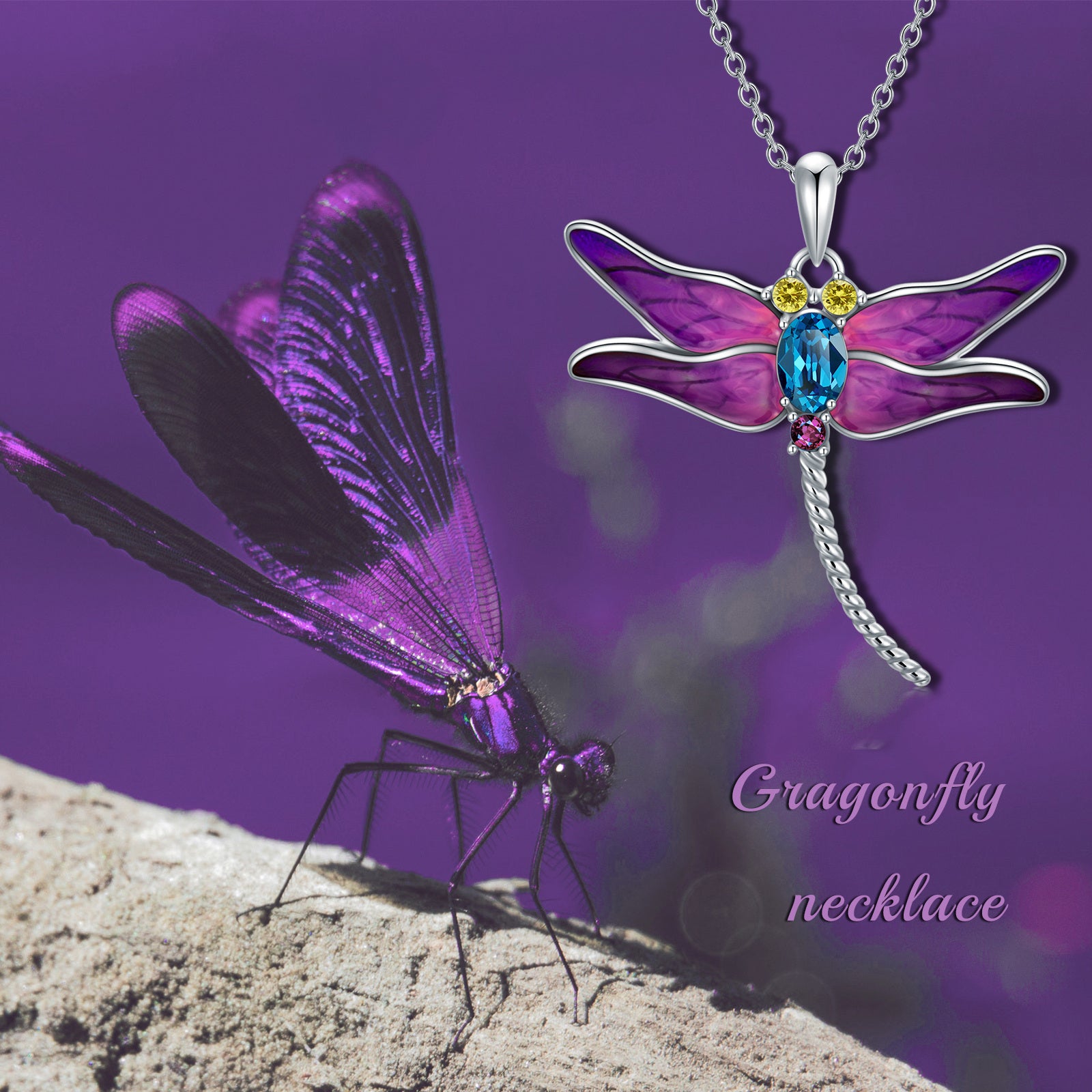 Crystal Stone 925 Sterling Silver Dragonfly Necklace