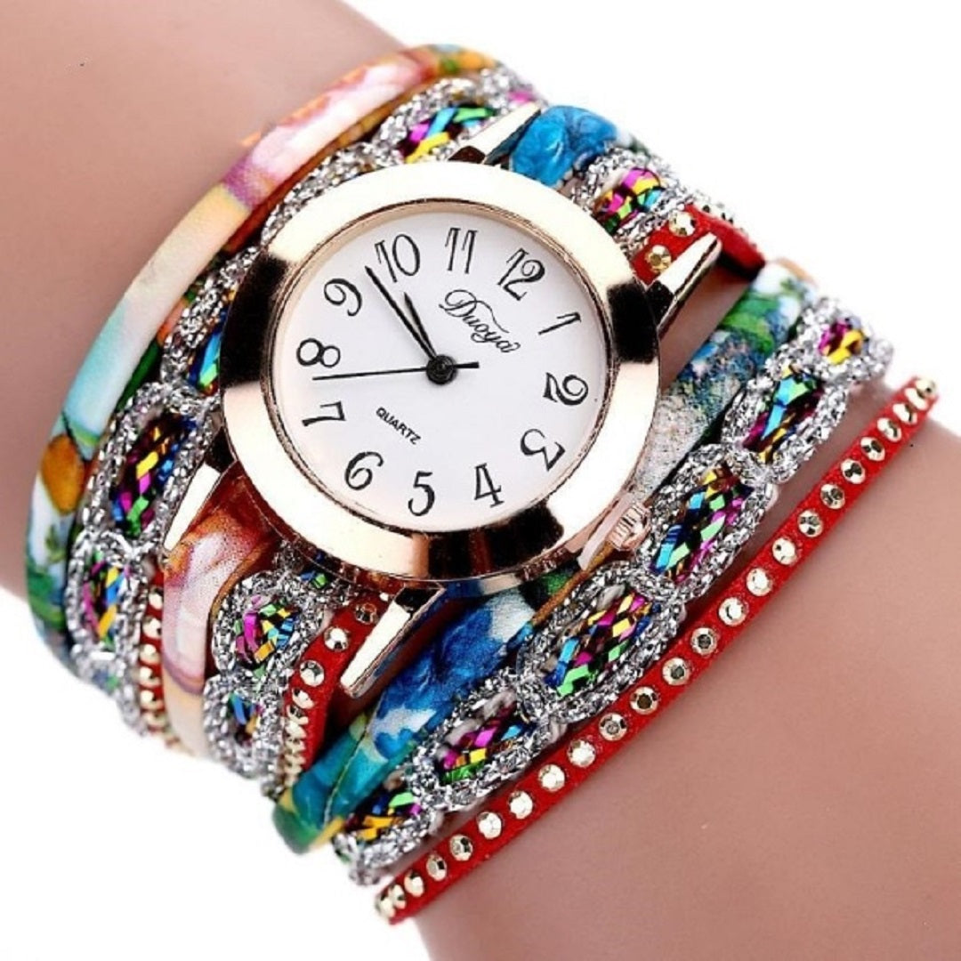 Flower Diamond Gemstone Leather Band Wrist Watch