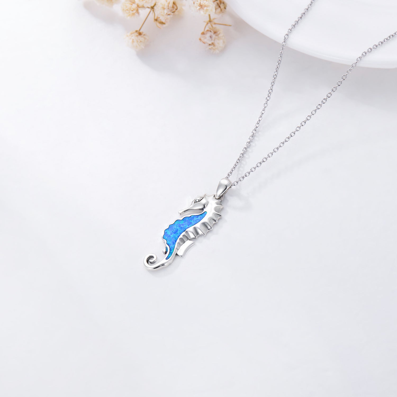 Opal 925 Sterling Silver Seahorse Necklace