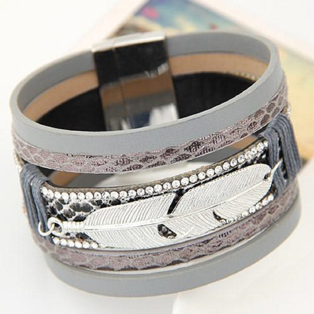 Wide Magnetic Leather Feather Bracelet