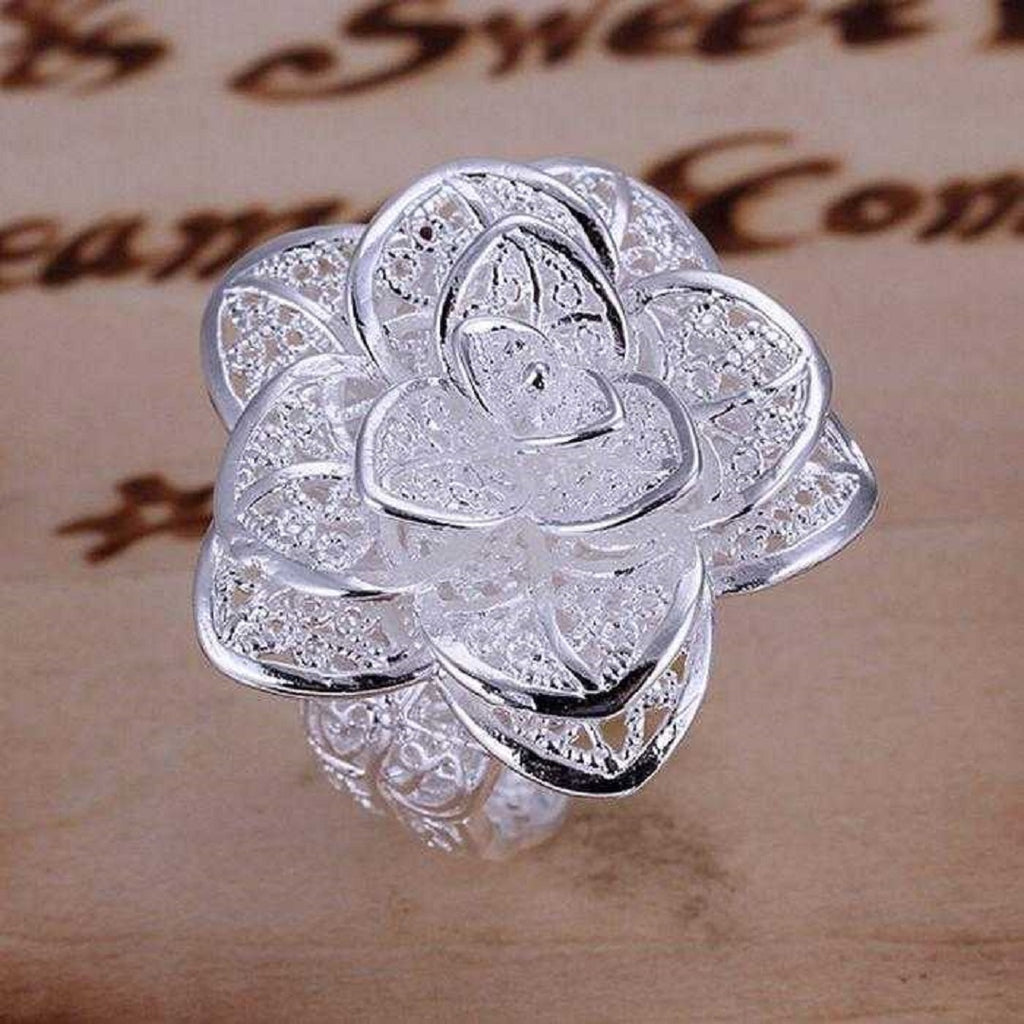 Silver 925 Rose Flower Design ブローチ Handmade 925 Sterling Silver Rose Ring: Adjustable Floral