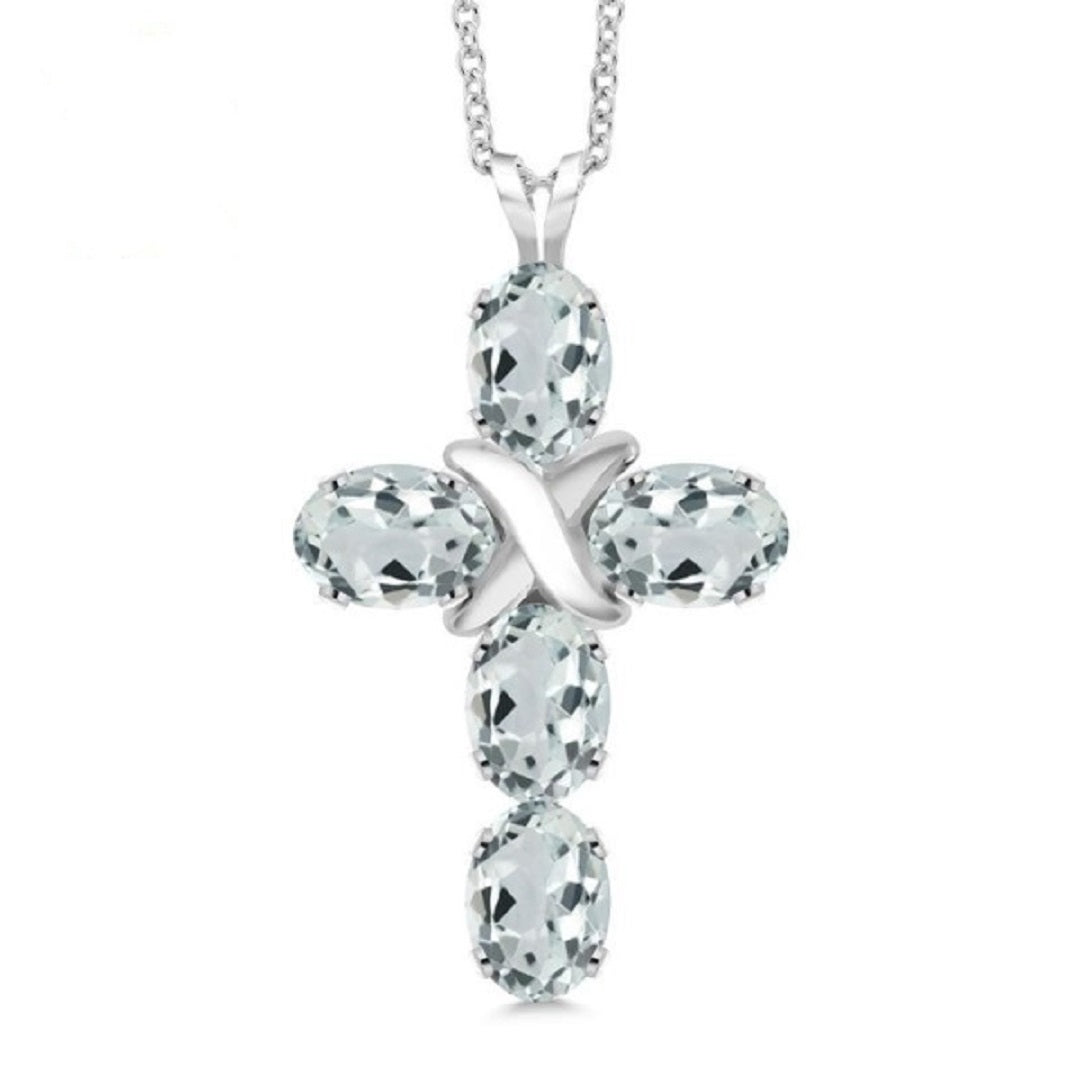Gemstone King Natural Aquamarine 925 Sterling Silver Cross Necklace