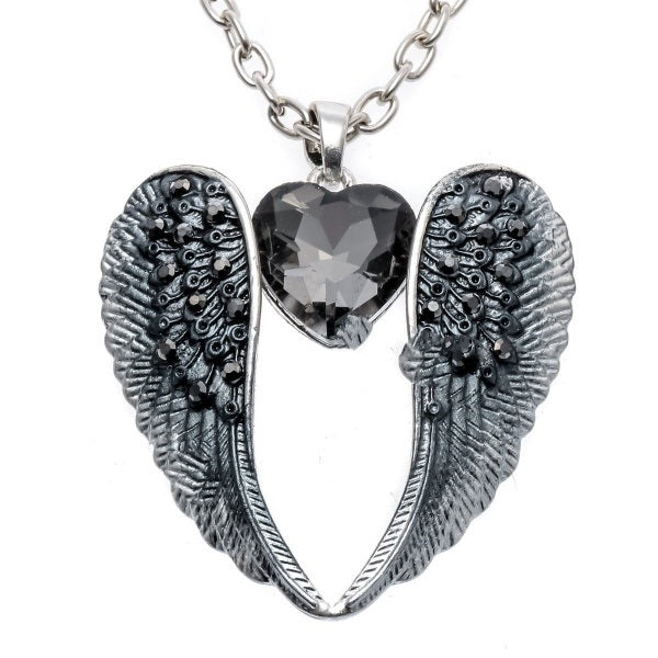Antique Silver Chain Angel Wings Heart Necklace