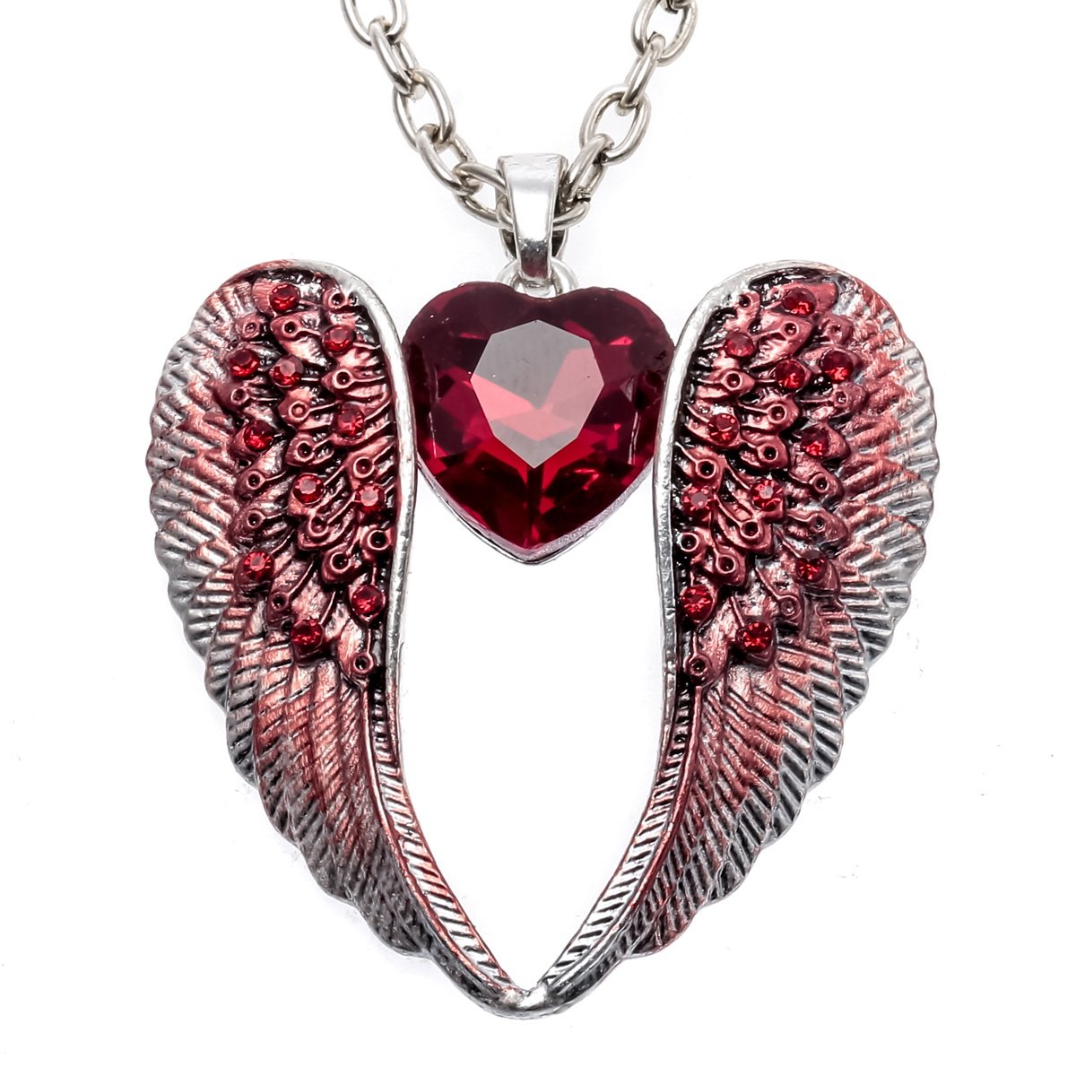 Antique Silver Chain Crystal Angel Wings Heart Necklace | Kirijewels.com