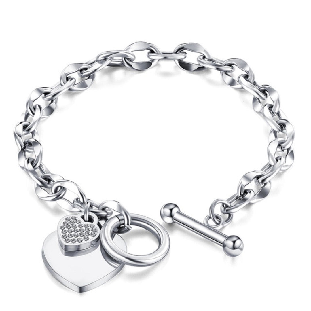 Stainless Steel Love Heart Engraved Charm Bracelet
