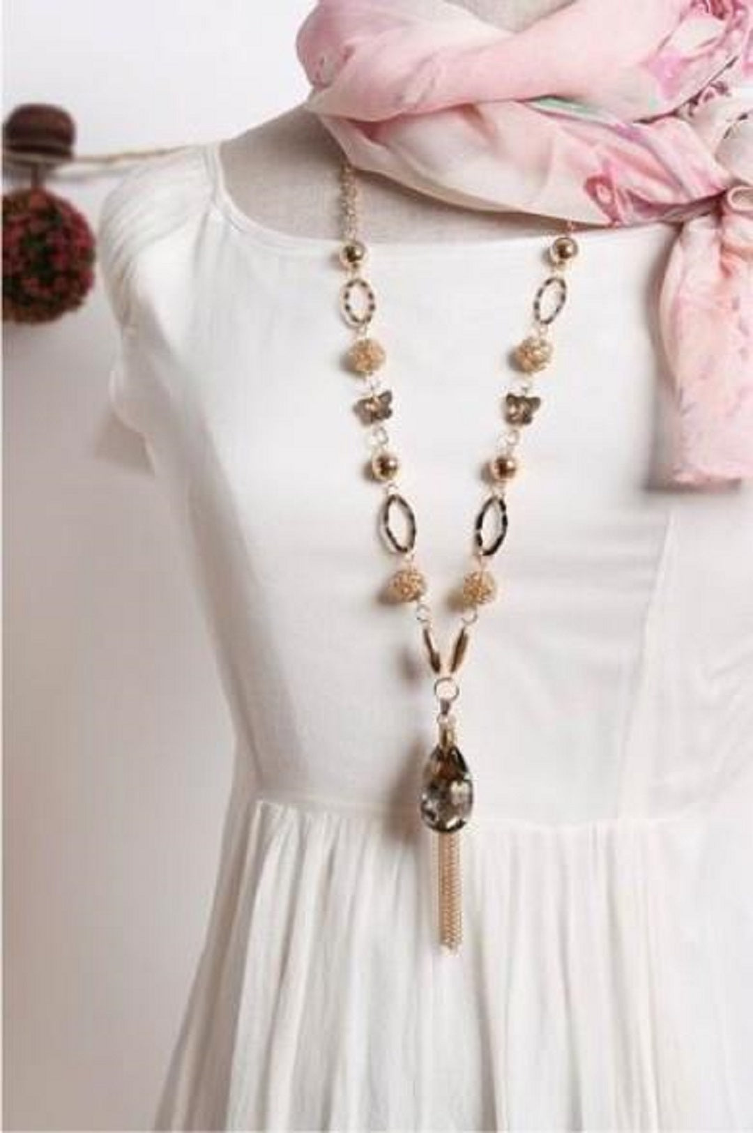 Long Chain Crystal Pendant Necklace