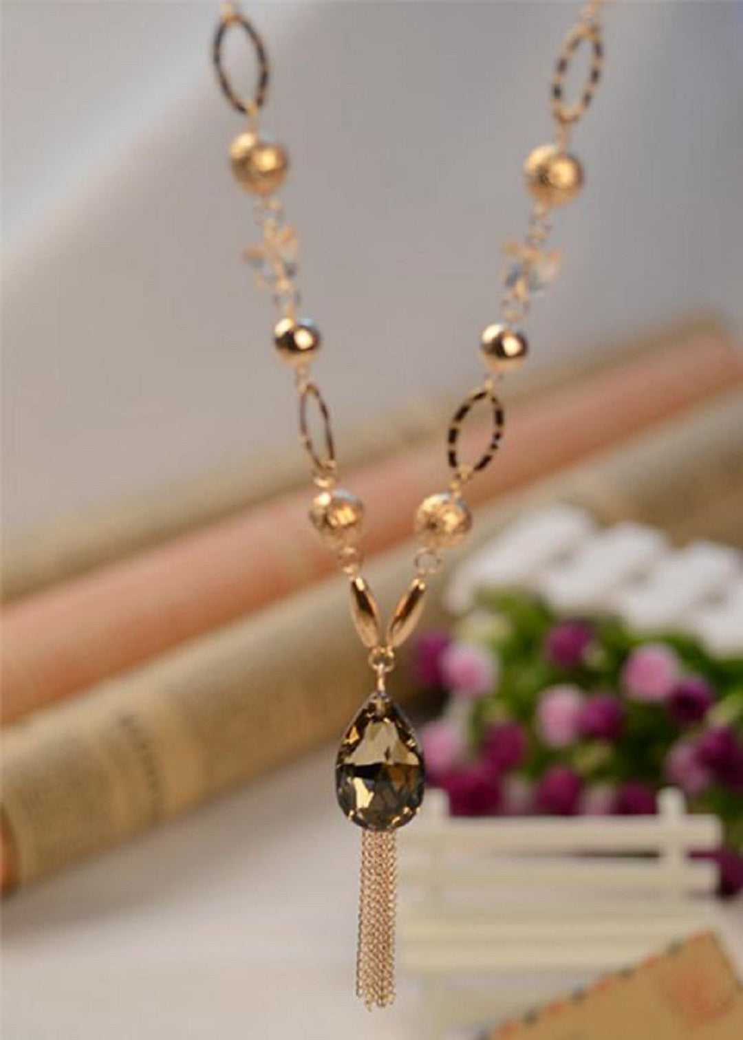 Long Chain Crystal Pendant Necklace