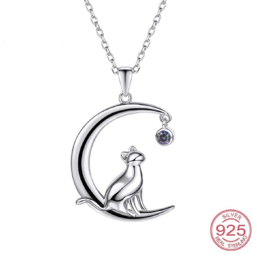 Topaz 925 Sterling Silver Cat Moon Pendant Necklace