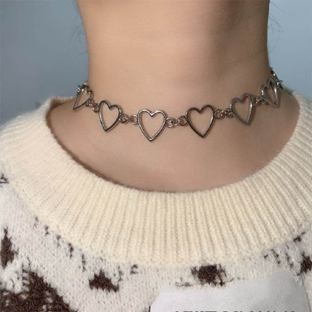 Hollow Bicolor Sweet Love Heart Choker Necklace