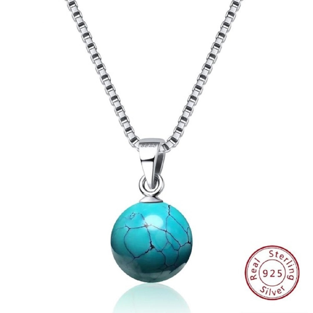 Planet Natural Turquoise Stone Authentic 925 Sterling Silver Necklace